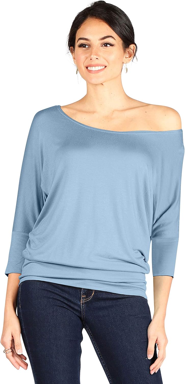 Dolman Scoopneck Top Off The Shoulder Tops Banded Waistband Shirts 3/4 Sleeves Regular and Plus Size Tops - Luxurise - scoopneck-tops-for-women-off-the-shoulder-tops-banded-waistband-shirts-3-4-sleeves-regular-and-plus-size-tops - 