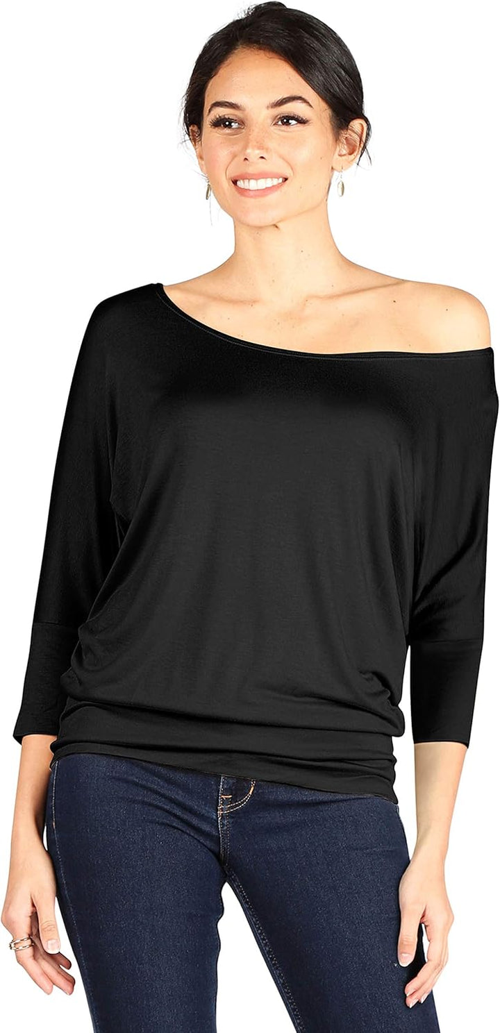 Dolman Scoopneck Top Off The Shoulder Tops Banded Waistband Shirts 3/4 Sleeves Regular and Plus Size Tops - Luxurise - scoopneck-tops-for-women-off-the-shoulder-tops-banded-waistband-shirts-3-4-sleeves-regular-and-plus-size-tops - 