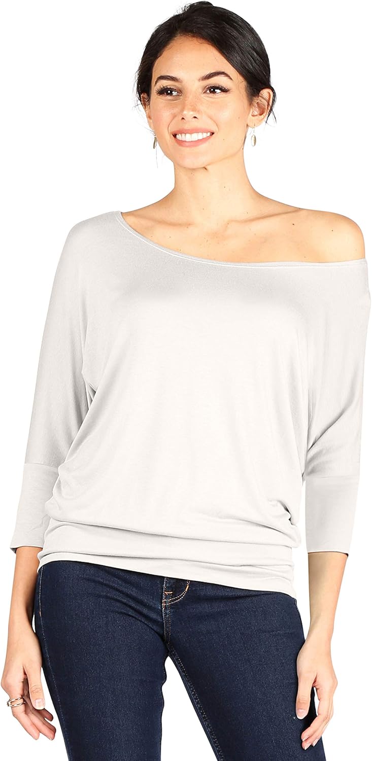 Dolman Scoopneck Top Off The Shoulder Tops Banded Waistband Shirts 3/4 Sleeves Regular and Plus Size Tops - Luxurise - scoopneck-tops-for-women-off-the-shoulder-tops-banded-waistband-shirts-3-4-sleeves-regular-and-plus-size-tops - 