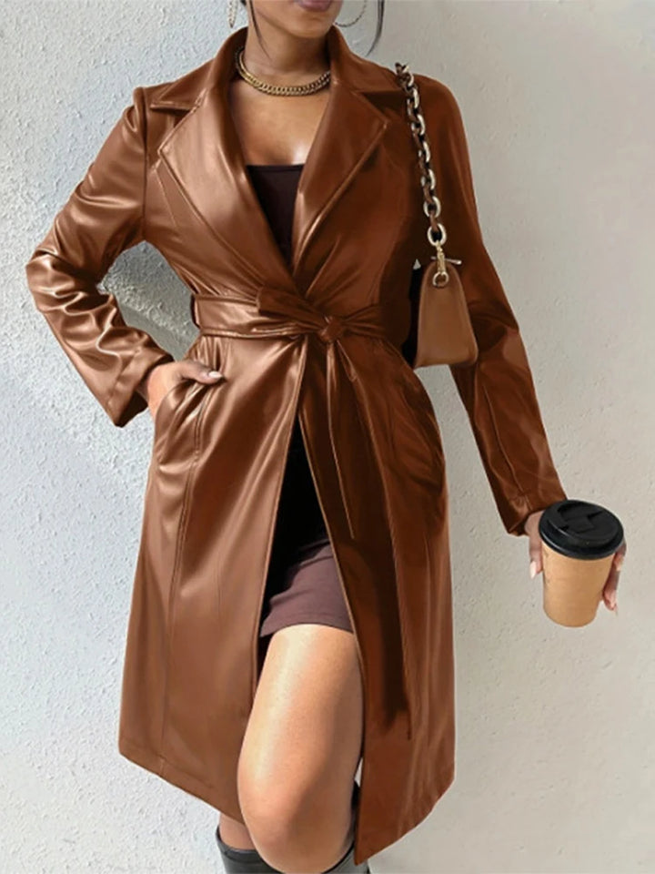 PU Leather Trench Coat Vintage Belted Turn-Down Collar