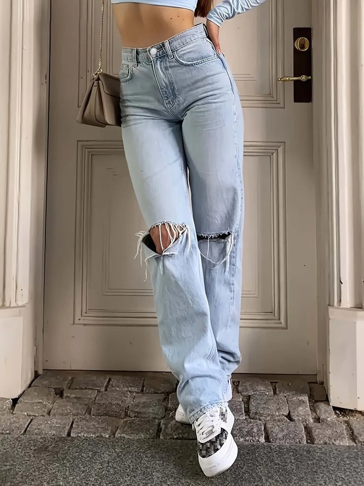 Ripped Straight Jeans Loose Fit - Luxurise - blue-ripped-straight-jeans-loose-fit - 