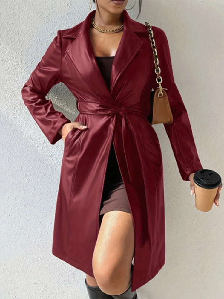 PU Leather Trench Coat Vintage Belted Turn-Down Collar