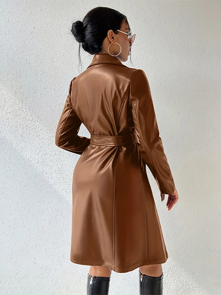 PU Leather Trench Coat Vintage Belted Turn-Down Collar